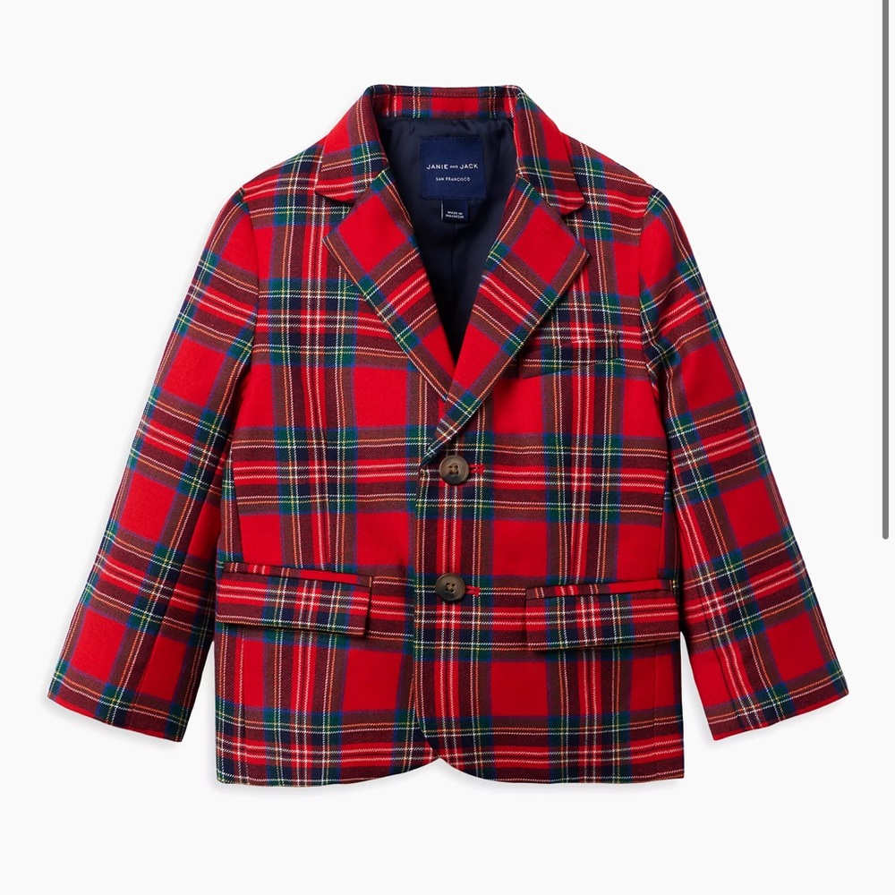Janie and Jack Little Boy's Christmas Wool Red Tartan Plaid Blazer 3T